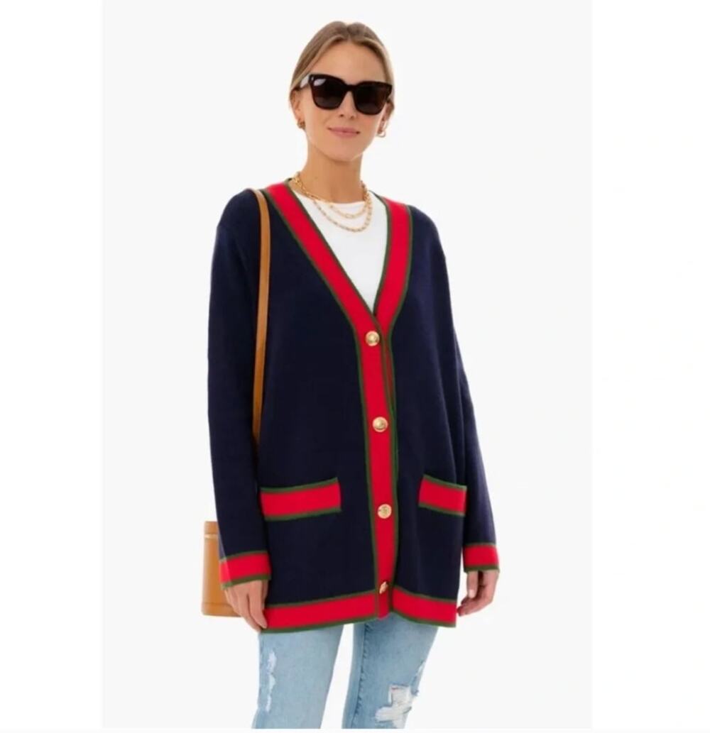 Tuckernuck Lauren Wool Cardigan Navy Red Gold Crest Buttons Oversized Pockets